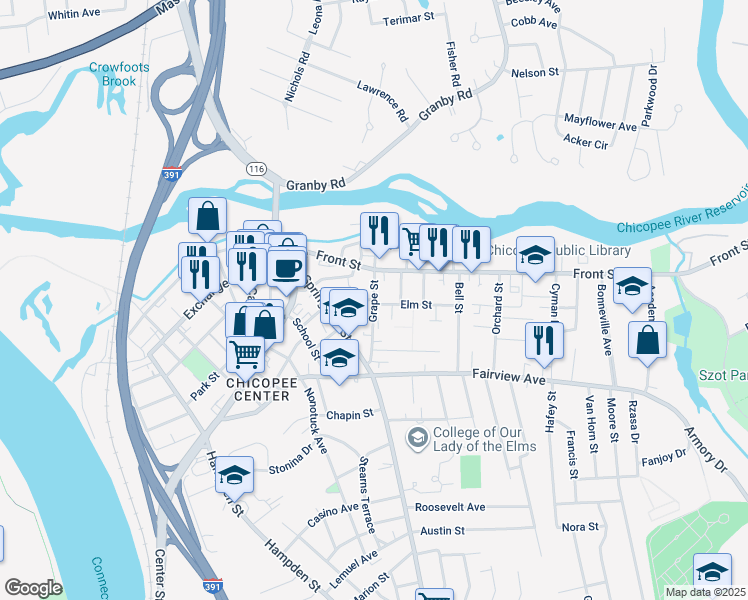 map of restaurants, bars, coffee shops, grocery stores, and more near 75 Grape Street in Chicopee