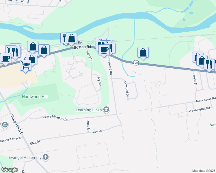 map of restaurants, bars, coffee shops, grocery stores, and more near 27 Brainard Road in Wilbraham