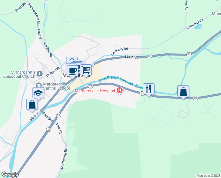 map of restaurants, bars, coffee shops, grocery stores, and more near 42074 Highway 28 in Margaretville