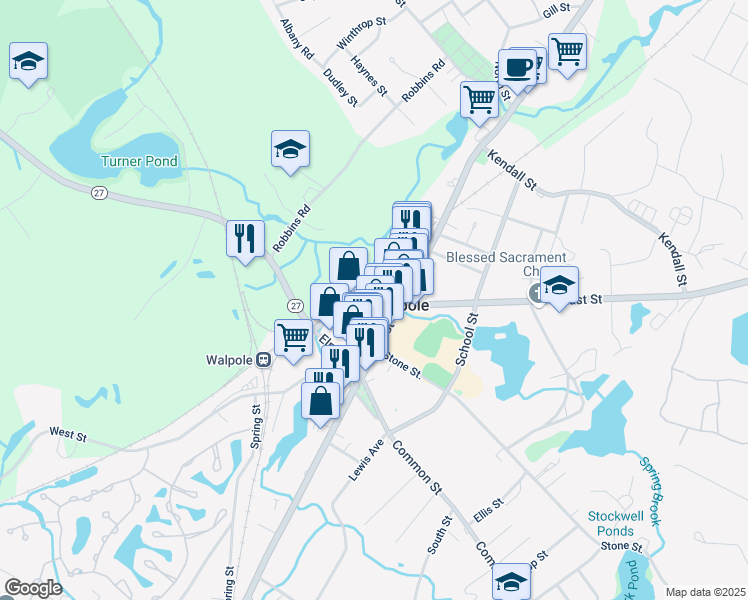 map of restaurants, bars, coffee shops, grocery stores, and more near 989 East St in Walpole