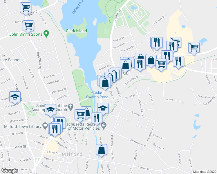 map of restaurants, bars, coffee shops, grocery stores, and more near 81 East Main Street in Milford