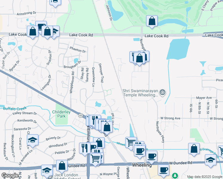 map of restaurants, bars, coffee shops, grocery stores, and more near 440 Denoyer Trail in Wheeling