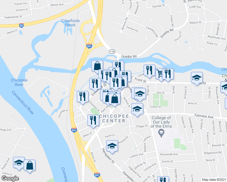 map of restaurants, bars, coffee shops, grocery stores, and more near 147 School Street in Chicopee