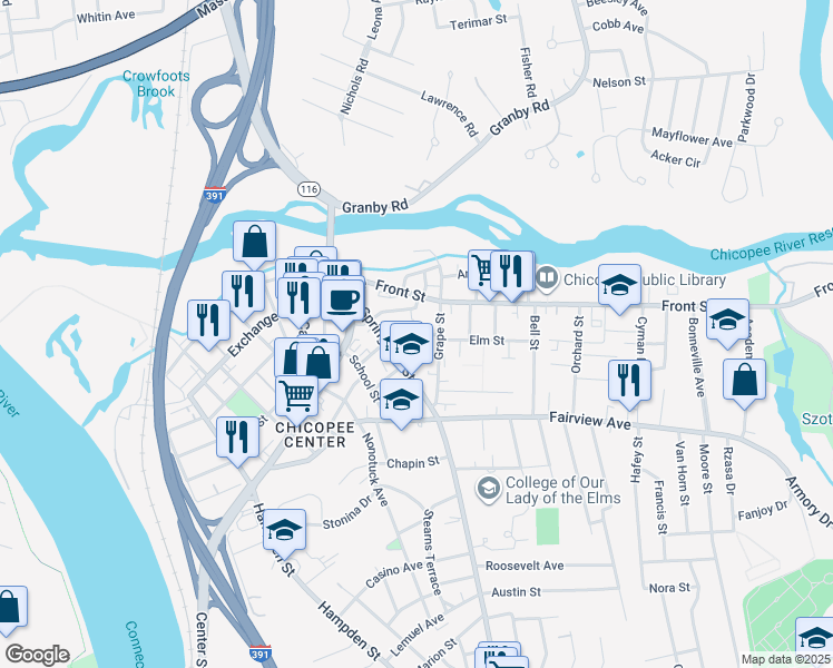 map of restaurants, bars, coffee shops, grocery stores, and more near 29 Pearl Street in Chicopee
