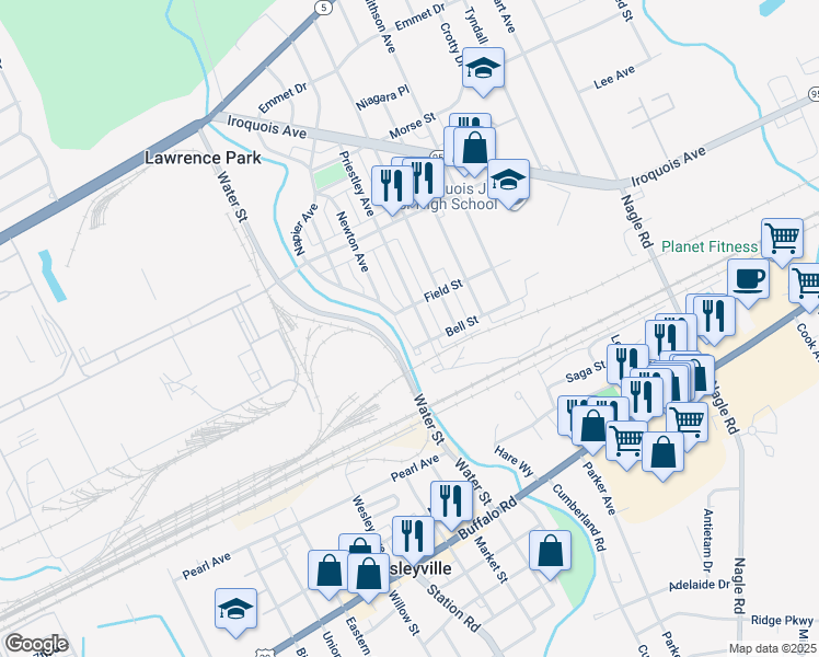 map of restaurants, bars, coffee shops, grocery stores, and more near 3823 Bell Street in Erie
