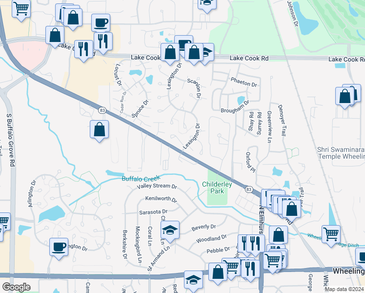 map of restaurants, bars, coffee shops, grocery stores, and more near 1059 Southbury Lane in Wheeling