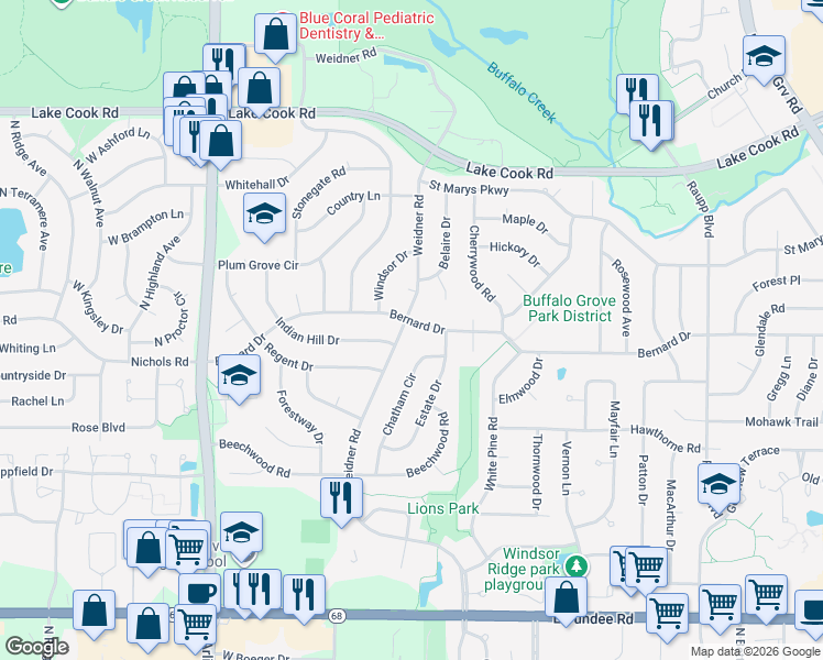 map of restaurants, bars, coffee shops, grocery stores, and more near 805 Bernard Drive in Buffalo Grove