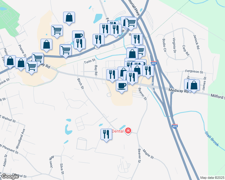 map of restaurants, bars, coffee shops, grocery stores, and more near 91 Medway Road in Milford