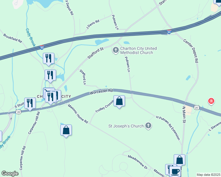 map of restaurants, bars, coffee shops, grocery stores, and more near 89 Worcester Road in Charlton