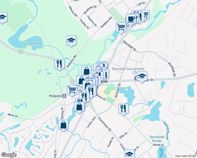 map of restaurants, bars, coffee shops, grocery stores, and more near 989 East Street in Walpole