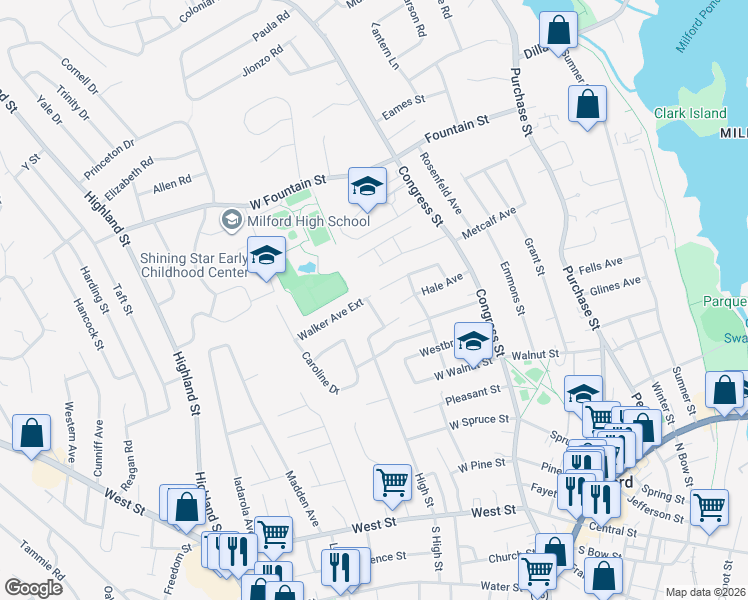 map of restaurants, bars, coffee shops, grocery stores, and more near 21 Kellett Drive in Milford