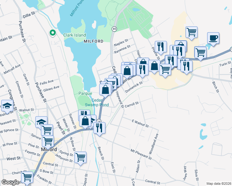 map of restaurants, bars, coffee shops, grocery stores, and more near 7 Hayward Street in Milford
