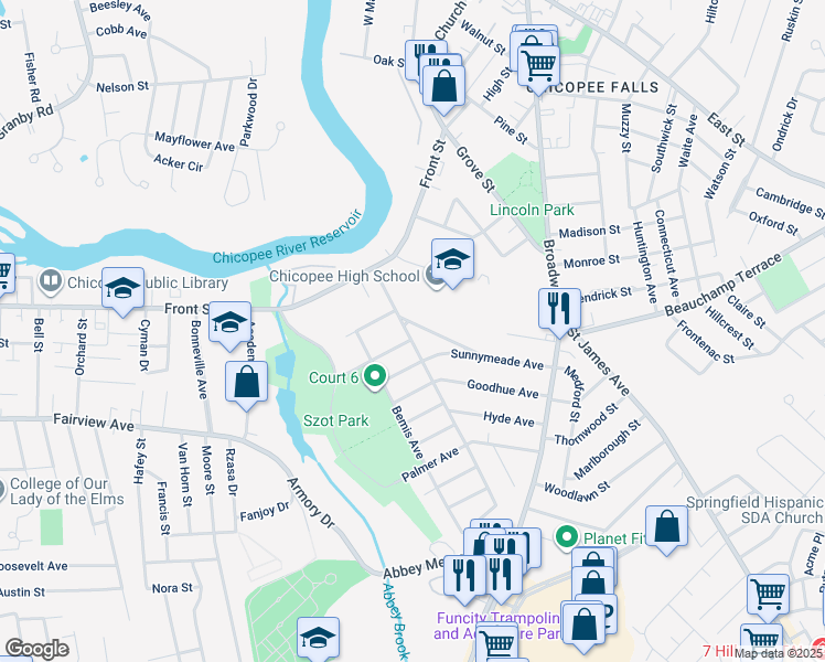 map of restaurants, bars, coffee shops, grocery stores, and more near 93 Wheatland Avenue in Chicopee