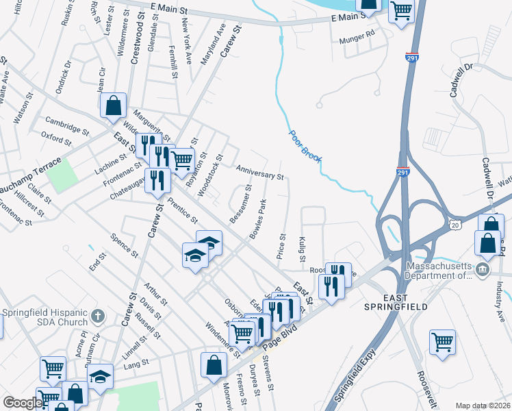 map of restaurants, bars, coffee shops, grocery stores, and more near 35 Bessemer Street in Springfield