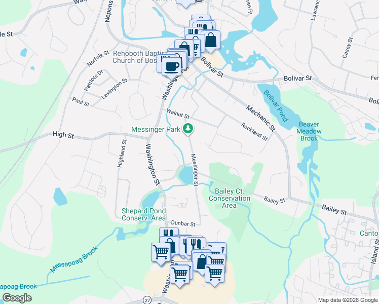 map of restaurants, bars, coffee shops, grocery stores, and more near 88 Messinger Street in Canton