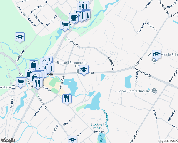 map of restaurants, bars, coffee shops, grocery stores, and more near 793 East Street in Walpole