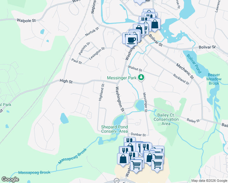 map of restaurants, bars, coffee shops, grocery stores, and more near 11 Pierce Place in Canton