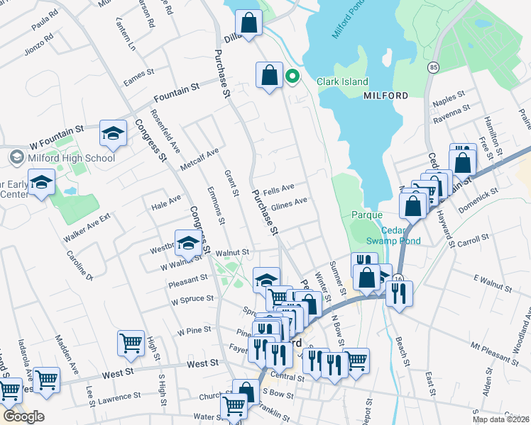 map of restaurants, bars, coffee shops, grocery stores, and more near 15 Purchase Street in Milford