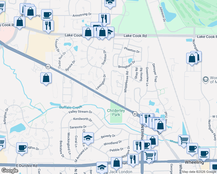 map of restaurants, bars, coffee shops, grocery stores, and more near 453 Thornhill Lane in Wheeling