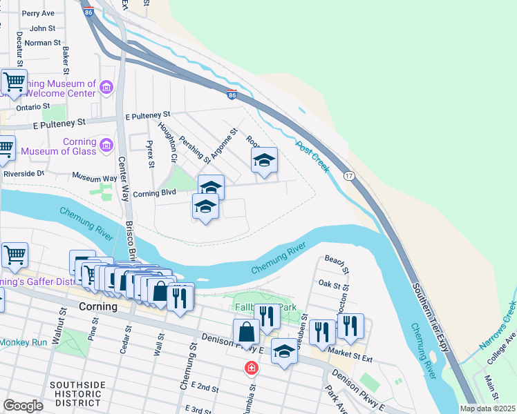 map of restaurants, bars, coffee shops, grocery stores, and more near 120 Corning Boulevard in Corning