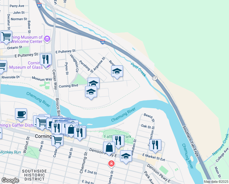 map of restaurants, bars, coffee shops, grocery stores, and more near 120 Corning Boulevard in Corning