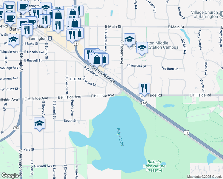 map of restaurants, bars, coffee shops, grocery stores, and more near 890 Bristol Drive in Barrington