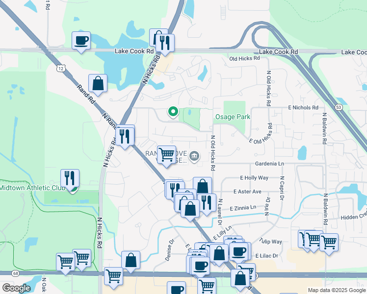 map of restaurants, bars, coffee shops, grocery stores, and more near 732 East Rand Grove Lane in Palatine