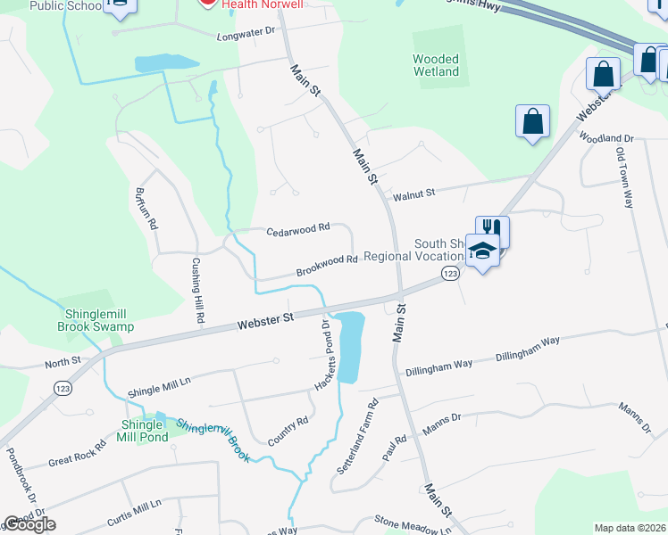 map of restaurants, bars, coffee shops, grocery stores, and more near 68 Brookwood Road in Hanover