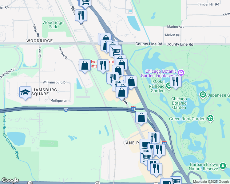 map of restaurants, bars, coffee shops, grocery stores, and more near 290 Skokie Boulevard in Northbrook