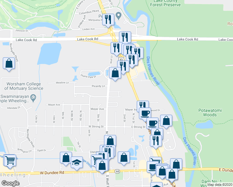map of restaurants, bars, coffee shops, grocery stores, and more near 35 Legacy Lane in Wheeling