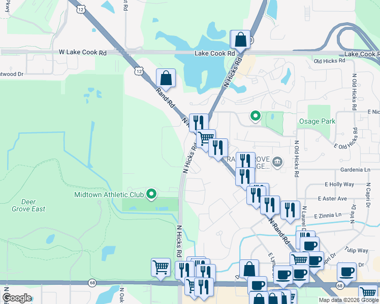map of restaurants, bars, coffee shops, grocery stores, and more near 2052 North Hicks Road in Palatine