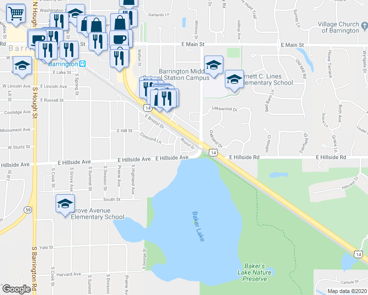 map of restaurants, bars, coffee shops, grocery stores, and more near 890 Bristol Drive in Barrington