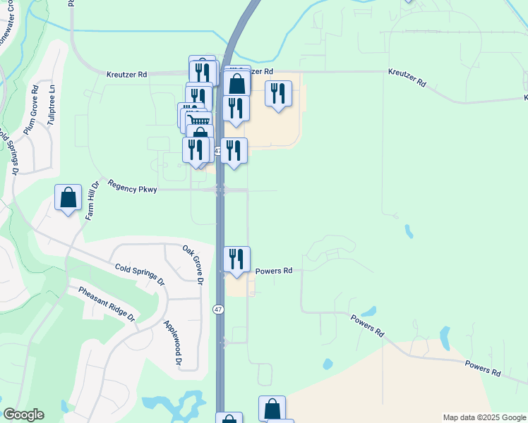 map of restaurants, bars, coffee shops, grocery stores, and more near 41W810 Powers Road in Huntley