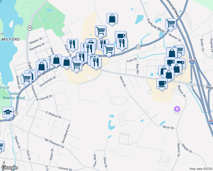map of restaurants, bars, coffee shops, grocery stores, and more near 38 Stall Brook Road in Milford
