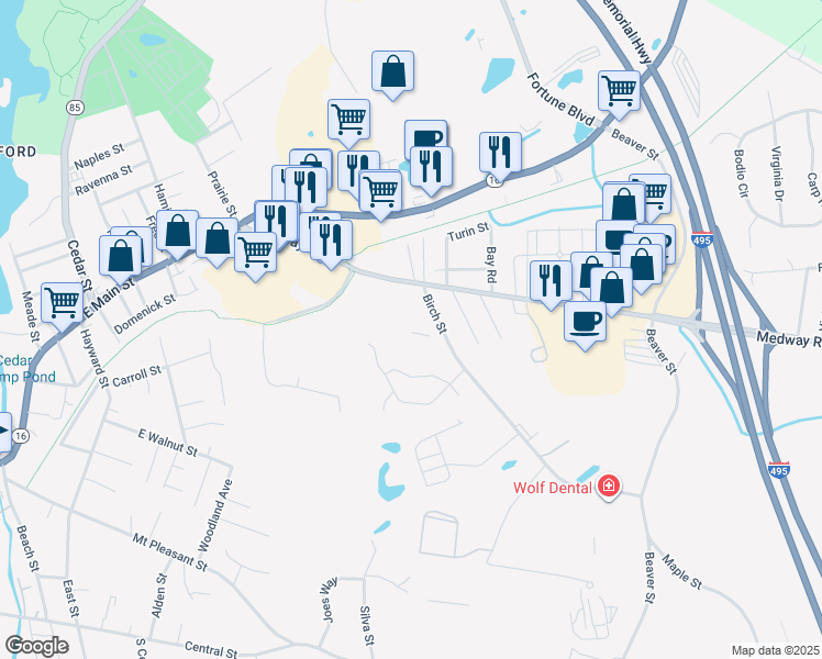 map of restaurants, bars, coffee shops, grocery stores, and more near 17 Birch Street in Milford