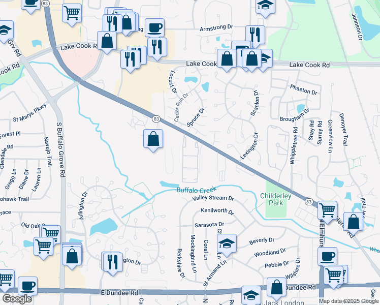 map of restaurants, bars, coffee shops, grocery stores, and more near 500 Manda Lane in Wheeling