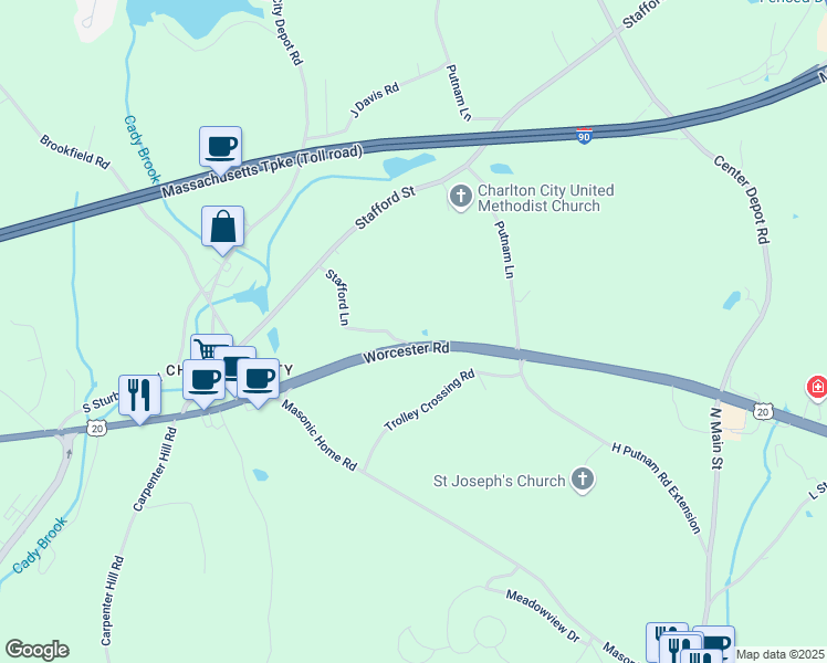 map of restaurants, bars, coffee shops, grocery stores, and more near 89 Worcester Road in Charlton