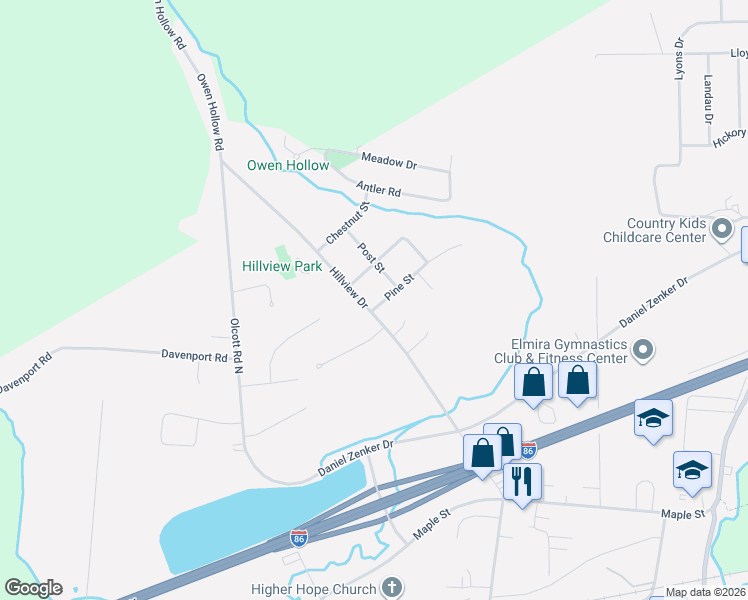 map of restaurants, bars, coffee shops, grocery stores, and more near 81 Hillview Dr in Big Flats