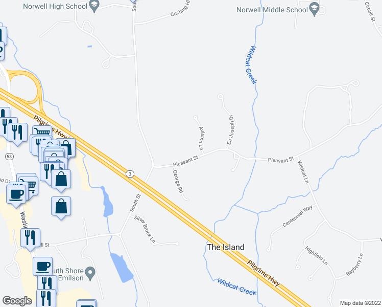 map of restaurants, bars, coffee shops, grocery stores, and more near 37 Pleasant Street in Norwell