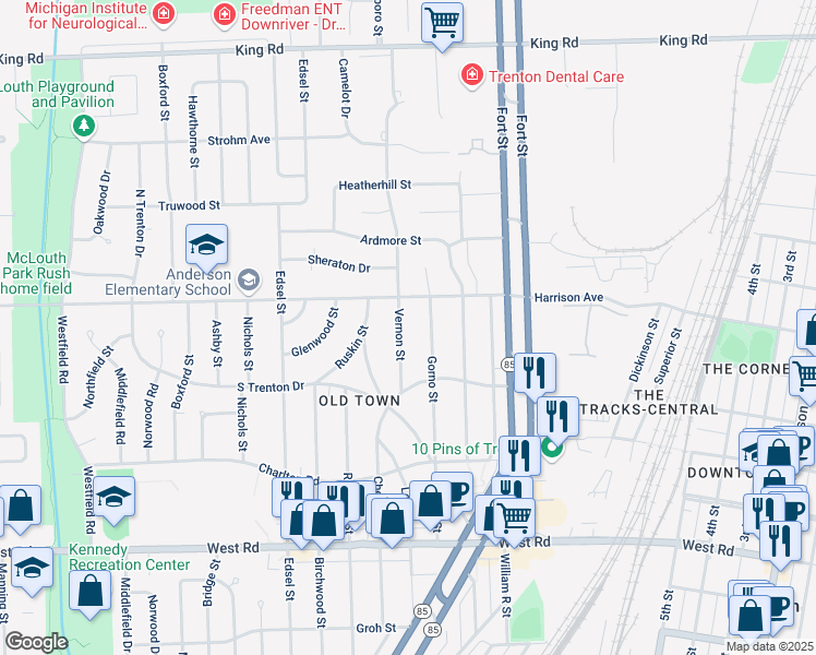map of restaurants, bars, coffee shops, grocery stores, and more near 2275 Vernon Street in Trenton