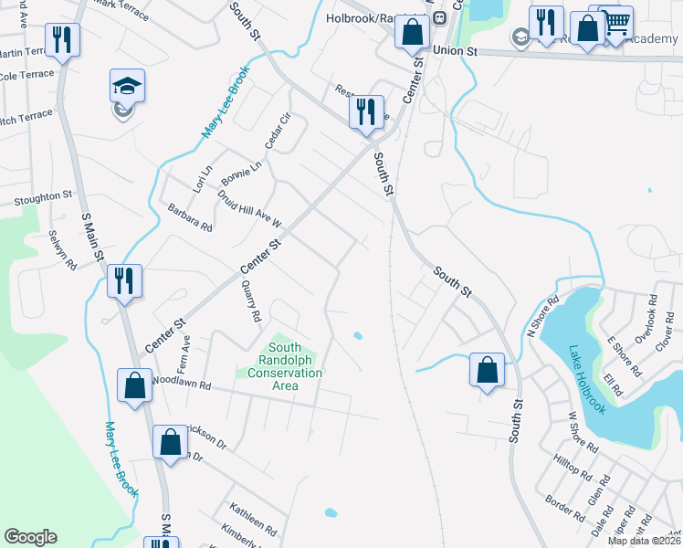 map of restaurants, bars, coffee shops, grocery stores, and more near 45 Druid Hill Avenue West in Randolph