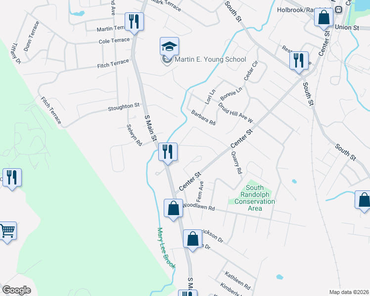 map of restaurants, bars, coffee shops, grocery stores, and more near 16 Oakwood Drive in Randolph