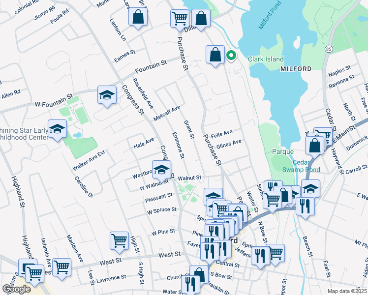 map of restaurants, bars, coffee shops, grocery stores, and more near 20 Emmons Street in Milford