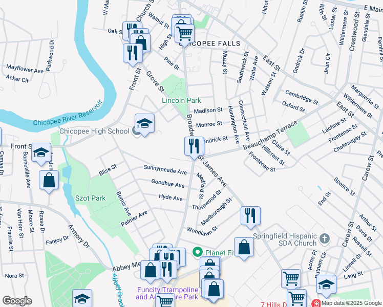 map of restaurants, bars, coffee shops, grocery stores, and more near 19 Theodore Street in Chicopee