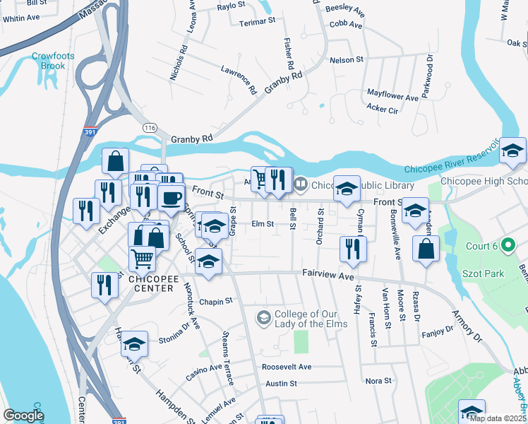 map of restaurants, bars, coffee shops, grocery stores, and more near 34 Myrtle Street in Chicopee