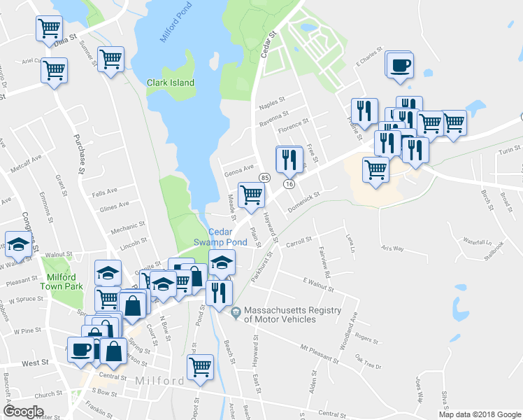 map of restaurants, bars, coffee shops, grocery stores, and more near 93 East Main Street in Milford