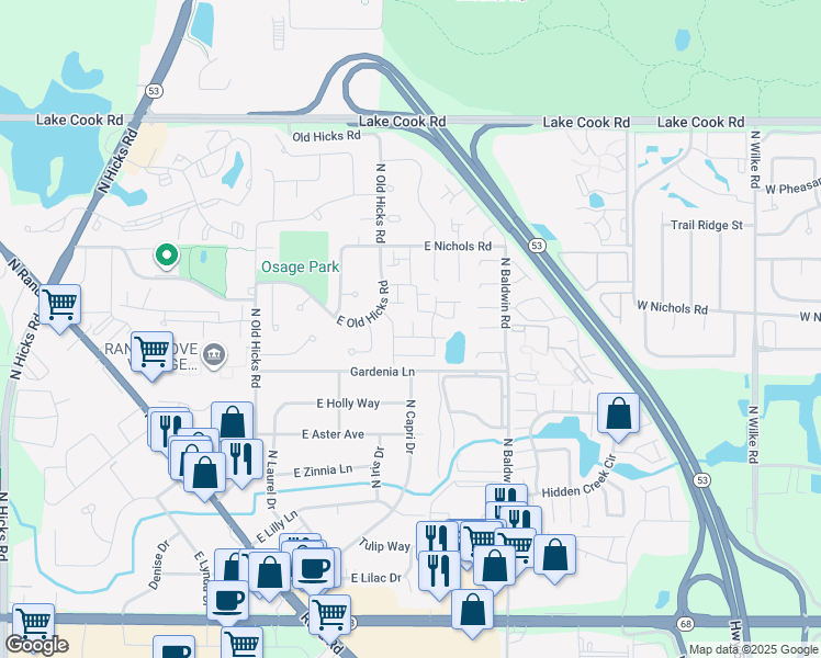map of restaurants, bars, coffee shops, grocery stores, and more near 1968 North Jamestown Drive in Palatine