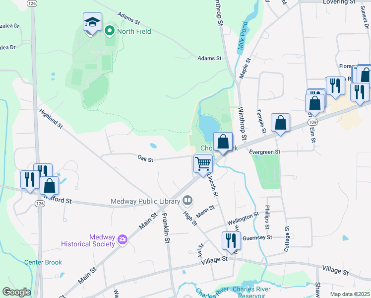 map of restaurants, bars, coffee shops, grocery stores, and more near 9 Mechanic Street in Medway