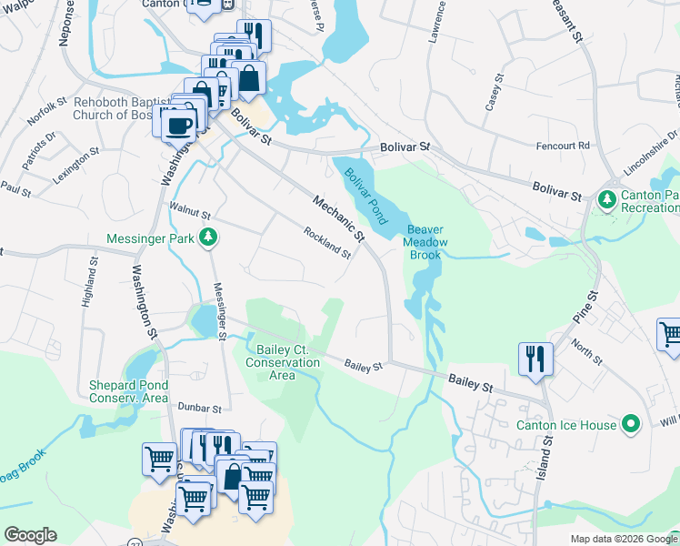 map of restaurants, bars, coffee shops, grocery stores, and more near 255 Rockland Street in Canton
