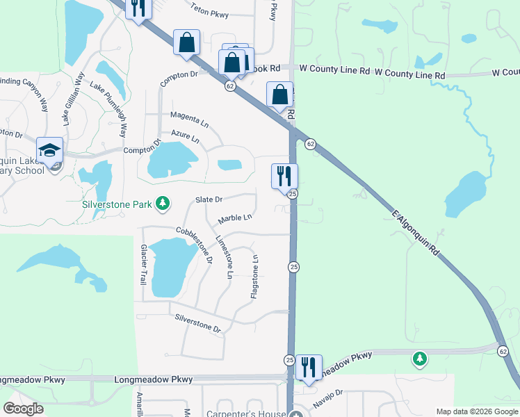 map of restaurants, bars, coffee shops, grocery stores, and more near 6552 Marble Lane in Carpentersville